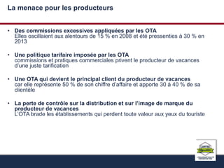 La menace pour les producteurs 
• Des commissions excessives appliquées par les OTA 
Elles oscillaient aux alentours de 15 % en 2008 et été pressenties à 30 % en 
2013 
• Une politique tarifaire imposée par les OTA 
commissions et pratiques commerciales privent le producteur de vacances 
d’une juste tarification 
• Une OTA qui devient le principal client du producteur de vacances 
car elle représente 50 % de son chiffre d’affaire et apporte 30 à 40 % de sa 
clientèle 
• La perte de contrôle sur la distribution et sur l’image de marque du 
producteur de vacances 
L’OTA brade les établissements qui perdent toute valeur aux yeux du touriste 
 