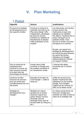 39
V. Plan Marketing
1.Produit
Objectifs Actions Justifications
Poursuivre la stratégie
de développement sur
les supports mobiles
Continuer à renforcer la
notoriété et le trafic sur le
Play store (élargir l’offre
d’application), développer
les parts de marché
d’Android sur tablettes et
Smartphones et adapter
l’offre publicitaire sur les
mobiles.
Les internautes vont de plus
en plus devenir des
mobinautes et aussi des
utilisateurs sur tablettes.
Par ailleurs, Facebook est un
acteur menaçant sur la
publicité mobile, il faut
pouvoir le contrer et se faire
une place sur le marché.
De plus, par rapport à la
stratégie de développement
de marché les pays africains
(où seront les futures
utilisateurs de Google)
utilisent/utiliseront Internet
sur support mobiles.
Pour la recherche et
développement:
continuer à innover sur
des nouveaux produits
et investir dans les
technologies de demain
Investir dans la télé
connecté, le Google cars,
les lunettes connectés et
sur l’assistance vocale.
L’Internet des objets
connectés est un marché
porteur.
Continuer de faire
fusionner les services
pour les rendre plus
complémentaires les uns
des autres
Exemple de la fusion du
Tchat Google +, Gtalk et
Hang out
Unifier les services pour
faciliter l’expériences des
utilisateurs sur les produits
Google. Pour Google+,
l’objectif est de ramener du
trafic sur le réseau social
Stratégie de
développement pour
Google+
Multiplier les valeurs
ajoutées de ce réseau
social par rapport aux
autres réseaux sociaux.
(Exemple: plus de
stockage Gmail, plus de
fonctionnalité sur Hang out,
etc.)
Un réseau social serait une
force pour Google pour
conforter son trafic et dans le
cadre de sa stratégie mail.
 