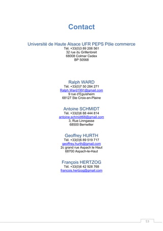 53
Contact
Université de Haute Alsace UFR PEPS Pôle commerce
Tél. +33(0)3 89 206 561
32 rue du Grillenbreit
68008 Colmar Cedex
BP 50568
Ralph WARD
Tél. +33(0)7 50 284 271
Ralph.Ward1991@gmail.com
9 rue d’Eguisheim
68127 Ste Croix-en-Plaine
Antoine SCHMIDT
Tél. +33(0)6 88 444 814
antoine.schmidt68@gmail.com
3, Rue Linngasse
68500 Berrwiller
Geoffrey HURTH
Tél. +33(0)6 89 519 717
geoffrey.hurth@gmail.com
2c grand rue Aspach le Haut
68700 Aspach-le-Haut
François HERTZOG
Tél. +33(0)6 42 928 768
francois.hertzog@gmail.com
 