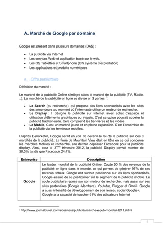 6
A. Marché de Google par domaine
Google est présent dans plusieurs domaines (DAS) :
 La publicité via Internet
 Les services Web et application basé sur le web.
 Les OS Tablettes et Smartphone (OS système d’exploitation)
 Les applications et produits numériques
a. Offre publicitaire
Définition du marché :
Le marché de la publicité Online s’intègre dans le marché de la publicité (TV, Radio,
..). Le marché de la publicité en ligne se divise en 3 parties 1
:
 Le Search (ou recherche), qui propose des liens sponsorisés avec les sites
des annonceurs au moment où l’internaute utilise un moteur de recherche.
 Le Display : Il désigne la publicité sur Internet avec achat d’espace et
utilisation d’éléments graphiques ou visuels. C’est ce qu’on pourrait appeler la
publicité traditionnelle. Cela comprend les bannières et les vidéos.
 Le Mobile, C’est un marché jeune et en pleine expansion. C’est l’ensemble de
la publicité via les terminaux mobiles.
D’après E-marketer, Google serait en voir de devenir le roi de la publicité sur ces 3
marchés de la publicité. La firme de Mountain View était en tête en ce qui concerne
les marchés Mobiles et recherche, elle devrait dépasser Facebook pour la publicité
display. Ainsi, pour le 3ème
trimestre 2012, la publicité Display devrait monter de
38,5% tandis que Facebook 24,4%.
Entreprise Description
Google
Le leader mondial de la publicité Online. Capte 50 % des revenus de la
publicité en ligne dans le monde, ce qui permet de générer 97% de ses
revenus totaux. Google est surtout positionné sur les liens sponsorisés.
Google essaie de se positionner sur le segment de la publicité mobile. Le
socle publicitaire repose sur son moteur de recherche, mais aussi sur ses
sites partenaires (Google Members), Youtube, Blogger et Gmail. Google
a aussi intensifié de développement de son réseau social Google+.
Google a la capacité de toucher 91% des utlisateurs Internet
1 http://www.journaldunet.com/ebusiness/publicite/marche-e-pub-mondial-1211.shtml
 