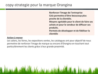 copy-strategie pour la marque Orangina
                                            Renforcer l'image de l'entreprise
                                            Cela permettra d'être beaucoup plus
                                            proche de la clientèle.
                                            Moyens agréable pour le client de faire ses
                                            achats et pour le vendeur de diffuser ses
                                            produits.
                                            Permets de développer et de fidéliser la
                                            clientèle
Action à mener
Les salons, les foires, les expositions ventes, les catalogues ont pour objectif de nous
permettre de renforcer l'image de marque ou encore d’Orangina en touchant tout
particulièrement les clients grâce à leur grande proximité.
 