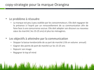 copy-strategie pour la marque Orangina


• Le problème à résoudre
   – La marque est peu à peu oubliée par les consommateurs. Elle doit regagner de
     la présence à l’esprit par un renouvellement de sa communication afin de
     faire face à une concurrence accrue. Elle doit adapter son discours au nouveau
     cœur du marché ( les 15-25 ans) et plus les ménagères.


• Les objectifs à atteindre par la communication
   –   Stopper la baisse tendancielle de sa part de marché (-5% en volume annuel)
   –   Gagner des points de part de marché sur les 15-25 ans
   –   Rajeunir son image
   –   Regagner le top of mind
 