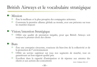 British Airways et le vocabulaire stratégique Mission Être la meilleure et la plus prospère des compagnies aériennes. Construire la première alliance globale au monde, avec une présence sur tous les marchés majeurs  Vision/intention Stratégique Offrir une qualité de prestation inégalée, pour que British Airways soit toujours le premier choix des clients Buts Être une entreprise citoyenne, soucieuse du bien-être de la collectivité et de la protection de l' environnement Offrir un service supérieur sur tous nos segments de marché, tout en garantissant un bon rapport qualité prix Excellent dans la capacité d'anticipation et de réponse aux attentes des clients et aux actions des concurrents Source:  Stratégique, 2002, p.33 -   - 