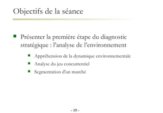 Objectifs de la séance Présenter la première étape du diagnostic stratégique : l’analyse de l’environnement Appréhension de la dynamique environnementale Analyse du jeu concurrentiel Segmentation d'un marché -   - 