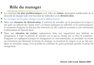 Rôle du manager Les réactions  les plus problématiques  sont celles de  crainte  (perception intellectuelle de la nécessité de changer mais cela bouscule les habitudes) et de  démotivation .  Le manager devra gérer chaque réaction différemment . Dans une  situation de démotivation , il convient de travailler sur la perception du risque et des gains en utilisant des "quick wins", en faisant participer les individus et en communiquant. La sensation d'urgence ne doit pas être renforcée car elle a déjà été ressentie et cela renforcerait le phénomène de démotivation. Dans une  situation de crainte , typiquement dans une organisation peu habituée au changement, il s'agit en priorité de rassurer sur ce qui ne change pas et créer le sentiment  d'urgence: en expliquant pourquoi le changement est vital maintenant, en attendant ou créant un événement qui démontre le besoin de changer, en montrant les risques si on ne fait rien. Dans un deuxième temps, il est possible de confirmer les gains potentiels qu'offre le projet de changement. Source: John Lund, Afplane 2000 