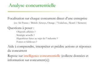 Analyse concurrentielle Focalisation sur chaque concurrent direct d’une entreprise  (ex: Air France / British Airways, Orange / Vodafone, Alcatel / Siemens) Questions à poser : Objectifs affichés ? Stratégie actuelle ? Hypothèses faites au sujet de l’ industrie ? Forces et faiblesses ? Aide à comprendre, interpréter et prédire actions et réponses du concurrent  Repose sur  intelligence concurrentielle  (collecte données et information sur concurrent(s)) 