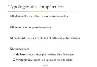 Typologies des compétences Individuelles vs collectives/organisationnelles Intra ou inter organisationnelles Tacites (difficiles à expliciter et diffuser) vs formalisées Compétences  de base  : nécessaires pour exister dans le secteur stratégiques  : créent de la valeur pour le client -   -   