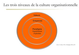 Les trois niveaux de la culture organisationnelle Paradigme Hypothèses implicites Croyances Valeurs Source  E. Schein, 1985, in Stratégique 2002, p.283 