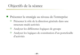 Présenter la stratégie au niveau de l’entreprise  Présenter le rôle de la direction générale dans une structure multi-activités Analyser les différentes logiques de groupe  Analyser les logiques de constitution d’un portefeuille d’activités Objectifs de la séance -   - 