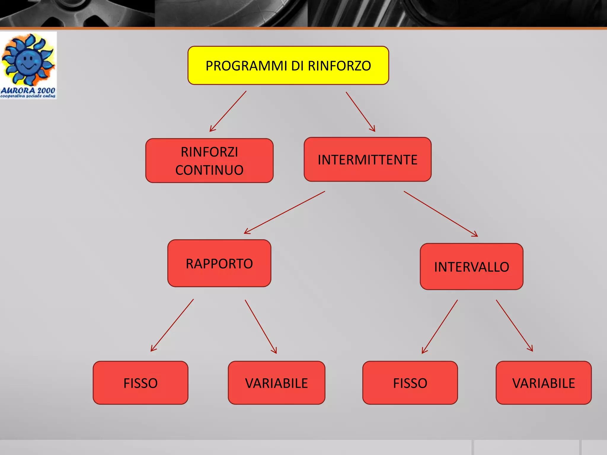 PROGRAMMI DI RINFORZO
RINFORZI
CONTINUO
INTERMITTENTE
RAPPORTO INTERVALLO
FISSO VARIABILE FISSO VARIABILE
 