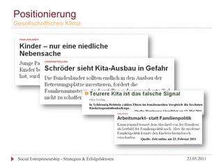 Positionierung
Gesellschaftliches Klima




                                       Quelle: Zeit online am 09 Mai 2011




                                                          Quelle: Zeit online am 19. Mai 2011


                                                                       Quelle: Hamburger Abendblatt am 12. Mai 2011




                                                                            Quelle: Zeit online am 23. Februar 2011




 Social Entrepreneurship - Strategien & Erfolgsfaktoren                                                     23.05.2011
 