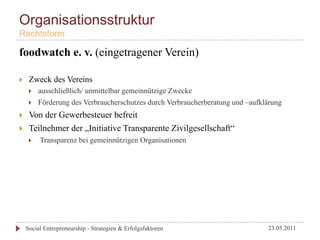Organisationsstruktur
Rechtsform

foodwatch e. v. (eingetragener Verein)

}     Zweck des Vereins
       }    ausschließlich/ unmittelbar gemeinnützige Zwecke
       }    Förderung des Verbraucherschutzes durch Verbraucherberatung und –aufklärung
}     Von der Gewerbesteuer befreit
}     Teilnehmer der „Initiative Transparente Zivilgesellschaft“
       }    Transparenz bei gemeinnützigen Organisationen




      Social Entrepreneurship - Strategien & Erfolgsfaktoren                       23.05.2011
 