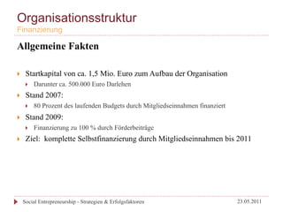 Organisationsstruktur
Finanzierung

Allgemeine Fakten

}     Startkapital von ca. 1,5 Mio. Euro zum Aufbau der Organisation
       }    Darunter ca. 500.000 Euro Darlehen
}     Stand 2007:
       }    80 Prozent des laufenden Budgets durch Mitgliedseinnahmen finanziert
}     Stand 2009:
       }    Finanzierung zu 100 % durch Förderbeiträge
}     Ziel: komplette Selbstfinanzierung durch Mitgliedseinnahmen bis 2011




      Social Entrepreneurship - Strategien & Erfolgsfaktoren                        23.05.2011
 