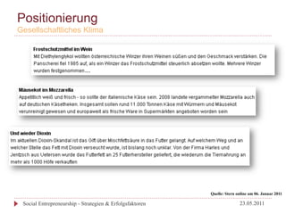 Positionierung
Gesellschaftliches Klima




                                                          Quelle: Stern online am 06. Januar 2011

 Social Entrepreneurship - Strategien & Erfolgsfaktoren                  23.05.2011
 