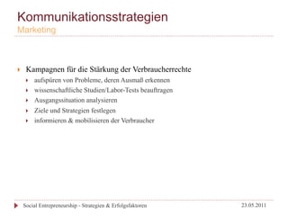 Kommunikationsstrategien
Marketing



}     Kampagnen für die Stärkung der Verbraucherrechte
       }    aufspüren von Probleme, deren Ausmaß erkennen
       }    wissenschaftliche Studien/Labor-Tests beauftragen
       }    Ausgangssituation analysieren
       }    Ziele und Strategien festlegen
       }    informieren & mobilisieren der Verbraucher




      Social Entrepreneurship - Strategien & Erfolgsfaktoren     23.05.2011
 