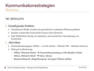 Kommunikationsstrategien
Marketing


MC DONALD‘S

}     Grundlegendes Problem:
       }    Verarbeiteten Rinder wurden mit gentechnisch veränderten Pflanzen gefüttert
       }    Kunden werden über Gentechnik-Einsatz nicht informiert
       }    Statt Wahlfreiheit Zwang zur indirekten, unwissentlichen Unterstützung von
             Gentechnik
}     Aktivitäten
       }    Informationskampagne: Offline – vor Ort; Online – Website; PM – Mediales Interesse
       }    Mitmach-Aufforderung:
             }    Offline-“Mitmach-Aktion“ à Unterschriftensammlung vor Mc Donald‘s Filialen
             }    Online-„Mitmach-Aktion“ à Name, Adresse
             }    Bannerwerbung für „Burgerbewegung“ auf eigener Website schalten



      Social Entrepreneurship - Strategien & Erfolgsfaktoren                              23.05.2011
 