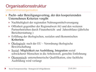 Organisationsstruktur
Unternehmensorganisation
}    Pacht- oder Beteiligungsvertrag, der den kooperierenden
      Unternehmen Kriterien vorgibt
      }    Nachhaltigkeit der regionalen Nahrungsmittelversorgung
      }    Offenheit gegenüber der Regionalwert AG und den weiteren
            Partnerbetrieben durch Finanzbericht und Jahresbilanz (jährliche
            Berichterstattung )
      }    Erfüllung der ökologischen, sozialen und ökonomischen
            Kriterien:
      }    Ökologisch: nach der EU – Verordnung ökologische
            Bewirtschaftung
      }    Sozial: Möglichkeit zur Ausbildung, Integration sozial
            schwächerer Menschen in die Arbeitswelt, gerechte Entlohnung
      }    Ökonomisch: unternehmerische Qualifikation, eine fachliche
            Ausbildung wird verlangt

      Social Entrepreneurship - Strategien & Erfolgsfaktoren   23.05.2011
 