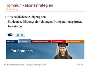 Kommunikationsstrategien
Marketing

}    4 verschiedene Zielgruppen:
      Studenten, Bildungseinrichtungen, Kooperationspartner,
      Investoren




      Social Entrepreneurship - Strategien & Erfolgsfaktoren   23.05.2011
 