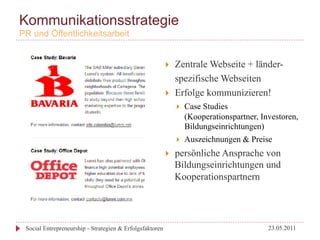 Kommunikationsstrategie
PR und Öffentlichkeitsarbeit


                                                          }    Zentrale Webseite + länder-
                                                                spezifische Webseiten
                                                          }    Erfolge kommunizieren!
                                                                }    Case Studies
                                                                      (Kooperationspartner, Investoren,
                                                                      Bildungseinrichtungen)
                                                                }    Auszeichnungen & Preise
                                                          }    persönliche Ansprache von
                                                                Bildungseinrichtungen und
                                                                Kooperationspartnern




 Social Entrepreneurship - Strategien & Erfolgsfaktoren                                       23.05.2011
 