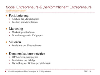 Social Entrepreneurs & „herkömmlichen“ Entrepreneurs
Gemeinsamkeiten

}     Positionierung
       }    Analyse der Marktsituation
       }    Position am Markt finden

}     Marketing
       }    Marketingmaßnahmen
       }    Orientierung an der Zielgruppe

}     Visionen
       }    Wachstum des Unternehmens


}     Kommunikationsstrategien
       }    PR/ Marketingkampagnen
       }    Publizieren der Erfolge
       }    Darstellung der Gründerpersönlichkeit


      Social Entrepreneurship - Strategien & Erfolgsfaktoren   23.05.2011
 