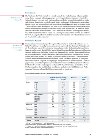 Strategiereport




                      Basisszenario

                      Das Wachstum der Weltwirtschaft ist wenig dynamisch. Die Maßnahmen zur Inflationseindäm-
Konjunktur markiert   mung ebenso wie negative Rückkoppelungen aus wichtigen Abnehmerregionen wirken in den
    zyklisches Tief   Schwellenländern kurzfristig noch wachstumsdämpfend. In den meisten Industrieländern schlägt
                      sich nicht nur die geringere globale Dynamik nieder, sondern auch die Unsicherheit aufgrund der
                      Hartnäckigkeit von Arbeitslosigkeit und Schuldenkrise. Die Fiskalpolitik weist in diversen großen
                      Volkswirtschaften noch Bremsspuren auf, wenn auch in unterschiedlichem Ausmaß. Die konjunk-
                      turellen Stimmungsindikatoren schwächeln kurzfristig noch, müssten sich u. E. aber zum Jahres-
                      ende hin stabilisieren. Insbesondere USA und China dürften allmählich für eine gewisse Aufhel-
                      lung der Konjunkturperspektiven sorgen. Die Teuerung ist zumeist relativ moderat. Die Geldpoli-
                      tik bleibt in den großen Industrieländern sehr locker und wird in den Schwellenländern ebenso wie
                      die Fiskalpolitik wieder expansiver.

                      Performance-Ausblick

                      Staatsanleihen erfreuen sich angesichts negativer Realrenditen in den Euro-Kernländern und er-
   Euro-Aktien und    höhter Ausfallrisiken in den Peripheriestaaten keiner so großen Beliebtheit mehr. Wären da nicht
Schweizer Valoren     die Zentralbanken wie die Schweizerische Nationalbank, würden die Kapitalmarktzinsen hierzu-
     an der Spitze    lande vermutlich bereits deutlich höher liegen. Bei nachlassenden Deflationsängsten und Krisenge-
                      fahren in der Eurozone dürften die Renditen von Bundesanleihen trotz des dämpfenden Einflusses
                      der Notenbanken weiter anziehen. Die an den Aktienmärkten erhofften konjunkturellen Wende-
                      signale lassen zwar noch auf sich warten. Allerdings scheinen die negativen Gewinnrevisionen
                      weltweit ihren Höhepunkt überschritten zu haben. Zudem sind Aktien gemessen an der eigenen
                      Historie wie auch im Vergleich zu den gängigen Anlagealternativen moderat bewertet. Durch die
                      gegenwärtige Konsolidierung kann sich somit durchaus interessantes Ertragspotenzial aufbauen.
                      Bei Rohstoffen besteht kurzfristig zwar noch ein zyklisches Abwärtsrisiko (Extremfall: -15 %).
                      Die Talsohle dürfte aber auch hier bald erreicht sein. Ähnlich wie bei Gold fällt aber die Perfor-
                      mance auf Eurobasis aufgrund der Dollarprognose nicht so günstig aus.

                      Rendite-Risiko-Aussichten nach Anlageinstrumenten in %

                                                                   Perform anceerw artung*                  Risiko**       Sharpe-
                                                                     lokal        in EUR                                   Ratio***

                      Renten            iBoxx                            -                -2,4                5,2            -0,5
                                        1-3j.                            -                -0,5                0,8            -0,9
                                        3-5j.                            -                -0,7                2,5            -0,3
                                        5-7j.                            -                 0,1                4,3             0,0
                                        7-10j.                           -                -1,9                6,4            -0,3
                                        >10j.                            -                -7,3                12,4           -0,6

                      Aktien            Euro Stoxx 50                 21,8                21,8                22,7           1,0
                                        S&P 500                       17,1                5,9                 12,9           0,4
                                        Nikkei 225                    16,9                6,8                 16,7           0,4
                                        FTSE 100                      17,4                7,6                 15,0           0,5
                                        SMI                           15,6                15,6                11,7           1,3
                      Rohstoffe         CRB                           16,2                 5,0                14,9            0,3
                                        Gold                          8,4                 -1,9                17,3           -0,1
                      Währungen         USD                              -                -9,6                9,2            -1,1
                                        JPY                              -                -8,7                11,6           -0,8
                                        GBP                              -                -8,4                6,4            -1,3
                                        CHF                              -                 0,0                2,3            -0,1

                      Immobilien        Helaba-OIF-Index****             -                 2,5                 0,2          13,1

                      Liquidität        3M EUR                           -                 0,1                 0,0            -

                      *in %, ca. 3 Monate, annualisiert ** 250-Tage-Volatilität
                      *** (Erwarteter Ertrag - Risikoloser Ertrag (3M-Euro)) / Ertragsrisiko (250-Tage-Volatilität)
                      **** Helaba-OIF-Index=Gleichgewichteter Index offener Immobilienfonds führender deutscher Anbieter
                      Quellen: Datastream, Helaba Volkswirtschaft/Research




                      Helaba Volkswirtschaft/Research · 29. Oktober 2012· © Helaba                                                    3
 
