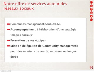 Notre offre de services autour des
      réseaux sociaux



            ➡ Community management sous-traité
            ➡ A...