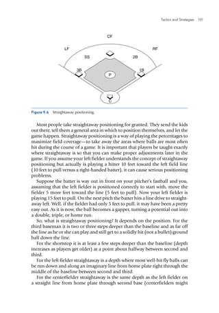 Tactics and Strategies  191 
Most people take straightaway positioning for granted. They send the kids
out there, tell them a general area in which to position themselves, and let the
game happen. Straightaway positioning is a way of playing the percentages to
maximize field coverage—to take away the areas where balls are most often
hit during the course of a game. It is important that players be taught exactly
where straightaway is so that you can make proper adjustments later in the
game. If you assume your left fielder understands the concept of straightaway
positioning but actually is playing a hitter 10 feet toward the left field line
(10 feet to pull versus a right-handed batter), it can cause serious positioning
problems.
Suppose the batter is way out in front on your pitcher’s fastball and you,
assuming that the left fielder is positioned correctly to start with, move the
fielder 5 more feet toward the line (5 feet to pull). Now your left fielder is
playing 15 feet to pull. On the next pitch the batter hits a line drive to straight-
away left. Well, if the fielder had only 5 feet to pull, it may have been a pretty
easy out. As it is now, the ball becomes a gapper, turning a potential out into
a double, triple, or home run.
So, what is straightaway positioning? It depends on the position. For the
third baseman it is two or three steps deeper than the baseline and as far off
the line as he or she can play and still get to a solidly hit (not a bullet) ground
ball down the line.
For the shortstop it is at least a few steps deeper than the baseline (depth
increases as players get older) at a point about halfway between second and
third.
For the left fielder straightaway is a depth where most well-hit fly balls can
be run down and along an imaginary line from home plate right through the
middle of the baseline between second and third.
For the centerfielder straightaway is the same depth as the left fielder on
a straight line from home plate through second base (centerfielders might
Figure 9.6  Straightaway positioning.
LF
CF
RF
E4150/ASEP/fig.9.6/281989/alw/r1
C
2BSS
1B3B
P
 