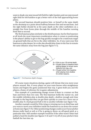 192  Coaching Youth Baseball
Figure 9.7  First baseman depth changes.
want to shade one step toward left field for right-handers and one step toward
right field for left-handers to get a better view of the ball approaching home
plate).
The second baseman should position him- or herself at the same depth
as the shortstop at a point about halfway between first and second base, and
the right fielder should be at the same depth as the other outfielders on a
straight line from home plate through the middle of the baseline running
from first to second.
The first baseman plays similarly to the third baseman, but for first basemen
at all levels the most important consideration when it comes to positioning
is the player’s ability to get to the bag quickly enough to be a stationary target
on ground balls that are hit to the other infielders. So, if you want your first
baseman to play deeper, he or she also should play closer to the line to remain
the same distance away from the bag (see figure 9.7).
E4150/ASEP/fig.9.7/281990/alw/r1
C B
A
A = If this is your 1B normal depth,
B = 1B gets closer to baseline when
playing deeper to remain same
distance from bag, and
C = 1B gets further from baseline
when playing more shallow
for similar reasons.
Of course many situations during a game will dictate that you move your
players around. But, if every player on your team knows what straightaway
means and begins the game positioned that way, it gives both you and the
players a frame of reference for in-game adjustments.
One example of a positioning change occurs if there is a runner on first
base and fewer than two outs. The first baseman holds the runner on, and
the middle infielders play at double play depth—shallow enough and close
enough to the bag that they can get there quickly to cover for a force out or
double play if a hard ground ball is hit to another infielder (see figure 9.8).
Another example would be if the tying or winning run is on third base and
you want to move your infielders inside the baselines to cut down the runner
at home (see figure 9.9). Other positioning changes could occur if your pitcher
throws really hard or soft or if he is going to throw an off-speed pitch at a
particular time. Still another example would be if the other team’s hitter had
pulled a hard-hit double (see figures 9.10 and 9.11) off of your pitcher’s best
fastball the last time up.
 