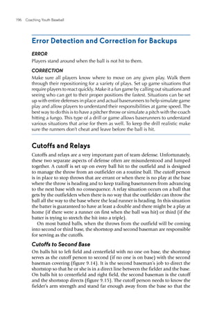 196  Coaching Youth Baseball
Error Detection and Correction for Backups
ERROR
Players stand around when the ball is not hit to them.
CORRECTION
Make sure all players know where to move on any given play. Walk them
through their repositioning for a variety of plays. Set up game situations that
require players to react quickly. Make it a fun game by calling out situations and
seeing who can get to their proper positions the fastest. Situations can be set
up with entire defenses in place and actual baserunners to help simulate game
play and allow players to understand their responsibilities at game speed. The
best way to do this is to have a pitcher throw or simulate a pitch with the coach
hitting a fungo. This type of a drill or game allows baserunners to understand
various situations that arise for them as well. To keep the drill realistic make
sure the runners don’t cheat and leave before the ball is hit.
Cutoffs and Relays
Cutoffs and relays are a very important part of team defense. Unfortunately,
these two separate aspects of defense often are misunderstood and lumped
together. A cutoff is set up on every ball hit to the outfield and is designed
to manage the throw from an outfielder on a routine ball. The cutoff person
is in place to stop throws that are errant or when there is no play at the base
where the throw is heading and to keep trailing baserunners from advancing
to the next base with no consequence. A relay situation occurs on a ball that
gets by the outfielders when there is no way that the outfielder can throw the
ball all the way to the base where the lead runner is heading. In this situation
the batter is guaranteed to have at least a double and there might be a play at
home (if there were a runner on first when the ball was hit) or third (if the
batter is trying to stretch the hit into a triple).
On most batted balls, when the throws from the outfield will be coming
into second or third base, the shortstop and second baseman are responsible
for serving as the cutoffs.
Cutoffs to Second Base
On balls hit to left field and centerfield with no one on base, the shortstop
serves as the cutoff person to second (if no one is on base) with the second
baseman covering (figure 9.14). It is the second baseman’s job to direct the
shortstop so that he or she is in a direct line between the fielder and the base.
On balls hit to centerfield and right field, the second baseman is the cutoff
and the shortstop directs (figure 9.15). The cutoff person needs to know the
fielder’s arm strength and stand far enough away from the base so that the
 