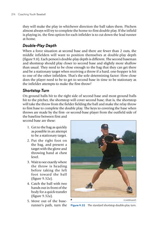 214  Coaching Youth Baseball
they will make the play in whichever direction the ball takes them. Pitchers
almost always will try to complete the home-to-first double play. If the infield
is playing in, the first option for each infielder is to cut down the lead runner
at home.
Double-Play Depth
When a force situation at second base and there are fewer than 2 outs, the
middle infielders will want to position themselves at double-play depth
(figure 9.8). Each person’s double-play depth is different. The second baseman
and shortstop should play closer to second base and slightly more shallow
than usual. They need to be close enough to the bag that they can get there
and be a stationary target when receiving a throw if a hard, one-hopper is hit
to one of the other infielders. That’s the sole determining factor: How close
does the player need to be to get to second base in time to be stationary as
the infielder attempts to make the first throw?
Shortstop Turn
On ground balls hit to the right side of second base and most ground balls
hit to the pitcher, the shortstop will cover second base; that is, the shortstop
will take the throw from the fielder fielding the ball and make the relay throw
to first base to complete the double play. The keys to covering the base when
throws are made by the first- or second-base player from the outfield side of
the baseline between first and
second base are these:
	1.	Get to the bag as quickly
as possible in an attempt
to be a stationary target.
	2.	Put the right foot on
the bag, and present a
target with the glove and
throwing hand at chest
level.
	3.	Wait to see exactly where
the throw is heading
before taking the left
foot toward the ball
(figure 9.32a).
	4.	Catch the ball with two
hands out in front of the
body for a quick transfer
(figure 9.32a).
	5.	Move out of the base­
runner’s path, turn the Figure 9.32  The standard shortstop double-play turn.
a (continued)
 