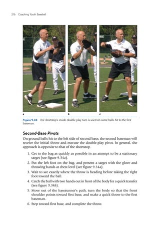 216  Coaching Youth Baseball
Second-Base Pivots
On ground balls hit to the left side of second base, the second baseman will
receive the initial throw and execute the double-play pivot. In general, the
ap­proach is opposite to that of the shortstop.
	1.	Get to the bag as quickly as possible in an attempt to be a stationary
target (see figure 9.34a).
	2.	Put the left foot on the bag, and present a target with the glove and
throwing hands at chest level (see figure 9.34a).
	3.	Wait to see exactly where the throw is heading before taking the right
foot toward the ball.
	4.	Catch the ball with two hands out in front of the body for a quick transfer
(see figure 9.34b).
	5.	Move out of the baserunner’s path, turn the body so that the front
shoulder points toward first base, and make a quick throw to the first
baseman.
	6.	Step toward first base, and complete the throw.
Figure 9.33  The shortstop’s inside double play turn is used on some balls hit to the first
baseman.
a b c
 