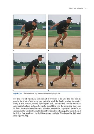 Tactics and Strategies  221 
For the second baseman, the natural movement is to take the ball that is
caught in front of the body to a point behind the body, turning the entire
body in the process, before flipping the ball. Because the second baseman
catches the ball out in front, he or she should flip it to the shortstop from out
in front. Momentum still should be taken toward the target with a shuffle or
crossover, the wrist still should stay stiff without winding up, the hand should
be left at face level after the ball is released, and the flip should be followed
(see figure 9.38).
Figure 9.37  The underhand flip from the shortstop’s perspective.
a b
c d
 