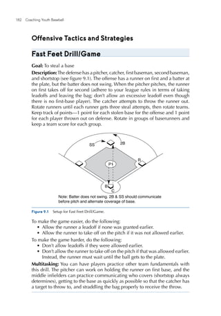 182  Coaching Youth Baseball
Offensive Tactics and Strategies
Fast Feet Drill/Game
Goal: To steal a base
Description:The defense has a pitcher, catcher, first baseman, second baseman,
and shortstop (see figure 9.1). The offense has a runner on first and a batter at
the plate, but the batter does not swing. When the pitcher pitches, the runner
on first takes off for second (adhere to your league rules in terms of taking
leadoffs and leaving the bag; don’t allow an excessive leadoff even though
there is no first-base player). The catcher attempts to throw the runner out.
Rotate runners until each runner gets three steal attempts, then rotate teams.
Keep track of points—1 point for each stolen base for the offense and 1 point
for each player thrown out on defense. Rotate in groups of baserunners and
keep a team score for each group.
Figure 9.1  Setup for Fast Feet Drill/Game.
E4150/ASEP/fig.9.1/281977/alw/r1
Note: Batter does not swing. 2B & SS should communicate
before pitch and alternate coverage of base.
C
B
P1
2BSS
R
To make the game easier, do the following:
•	 Allow the runner a leadoff if none was granted earlier.
•	 Allow the runner to take off on the pitch if it was not allowed earlier.
To make the game harder, do the following:
•	 Don’t allow leadoffs if they were allowed earlier.
•	 Don’t allow the runner to take off on the pitch if that was allowed earlier.
Instead, the runner must wait until the ball gets to the plate.
Multitasking: You can have players practice other team fundamentals with
this drill. The pitcher can work on holding the runner on first base, and the
middle infielders can practice communicating who covers (shortstop always
determines), getting to the base as quickly as possible so that the catcher has
a target to throw to, and straddling the bag properly to receive the throw.
 
