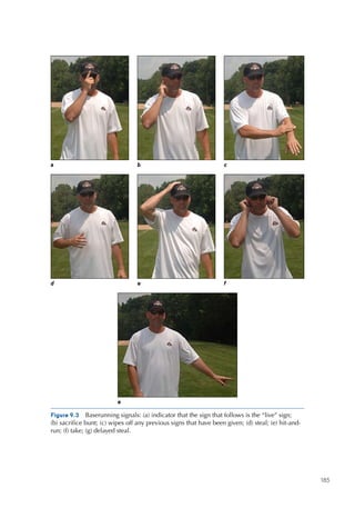 185 
Figure 9.3  Baserunning signals: (a) indicator that the sign that follows is the “live” sign;
(b) sacrifice bunt; (c) wipes off any previous signs that have been given; (d) steal; (e) hit-and-
run; (f) take; (g) delayed steal.
a b c
d e f
e
 