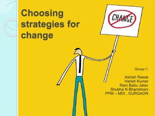 Group-1:
Ashish Rawat
Harish Kumar
Ram Babu Jatav
Shubha N Bhambhani
PPM – MDI , GURGAON
Choosing
strategies for
change
 