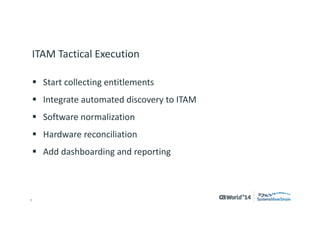 7 
© 2014 CA. ALL RIGHTS RESERVED. 
ITAM Tactical Execution 
Start collecting entitlements 
Integrate automated discovery to ITAM 
Software normalization 
Hardware reconciliation 
Add dashboardingand reporting  