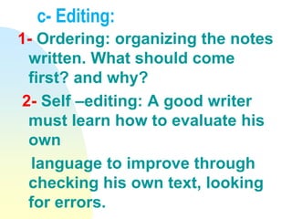c- Editing:
1- Ordering: organizing the notes
written. What should come
first? and why?
2- Self –editing: A good writer
must learn how to evaluate his
own
language to improve through
checking his own text, looking
for errors.
 