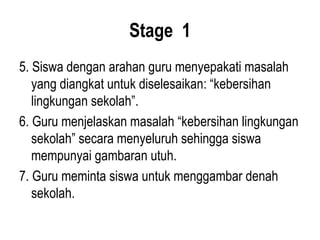 Stage 1
5. Siswa dengan arahan guru menyepakati masalah
yang diangkat untuk diselesaikan: “kebersihan
lingkungan sekolah”.
6. Guru menjelaskan masalah “kebersihan lingkungan
sekolah” secara menyeluruh sehingga siswa
mempunyai gambaran utuh.
7. Guru meminta siswa untuk menggambar denah
sekolah.
 