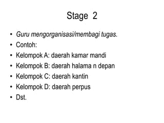 Stage 2
• Guru mengorganisasi/membagi tugas.
• Contoh:
• Kelompok A: daerah kamar mandi
• Kelompok B: daerah halama n depan
• Kelompok C: daerah kantin
• Kelompok D: daerah perpus
• Dst.
 