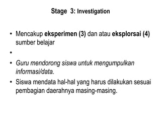 Stage 3: Investigation
• Mencakup eksperimen (3) dan atau eksplorsai (4)
sumber belajar
•
• Guru mendorong siswa untuk mengumpulkan
informasi/data.
• Siswa mendata hal-hal yang harus dilakukan sesuai
pembagian daerahnya masing-masing.
 