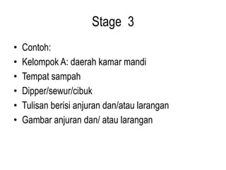 Stage 3
• Contoh:
• Kelompok A: daerah kamar mandi
• Tempat sampah
• Dipper/sewur/cibuk
• Tulisan berisi anjuran dan/atau larangan
• Gambar anjuran dan/ atau larangan
 