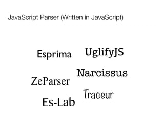 JavaScript Parser (Written in JavaScript)




          Esprima          UglifyJS
                        Narcissus
        ZeParser
                          Traceur
            Es-Lab
 