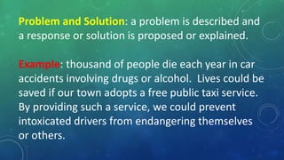Problem and Solution: a problem is described and
a response or solution is proposed or explained.
Example: thousand of people die each year in car
accidents involving drugs or alcohol. Lives could be
saved if our town adopts a free public taxi service.
By providing such a service, we could prevent
intoxicated drivers from endangering themselves
or others.
 