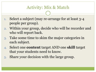 Activity: Mix & Match 
1. Select a subject (may re-arrange for at least 3-4 
people per group). 
2. Within your group, decide who will be recorder and 
who will report back. 
3. Take some time to skim the major categories in 
each subject. 
4. Select one content target AND one skill target 
that your students need to know. 
5. Share your decision with the large group. 
 