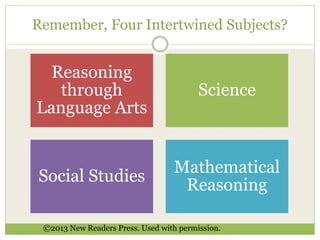 Remember, Four Intertwined Subjects? 
Reasoning 
through 
Language Arts 
Science 
Social Studies 
Mathematical 
Reasoning 
©2013 New Readers Press. Used with permission. 
 