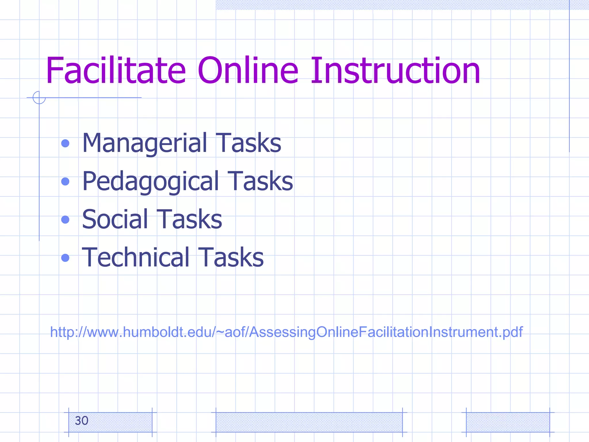 Facilitate Online Instruction Managerial Tasks Pedagogical Tasks Social Tasks Technical Tasks http://www.humboldt.edu/~aof/AssessingOnlineFacilitationInstrument.pdf  