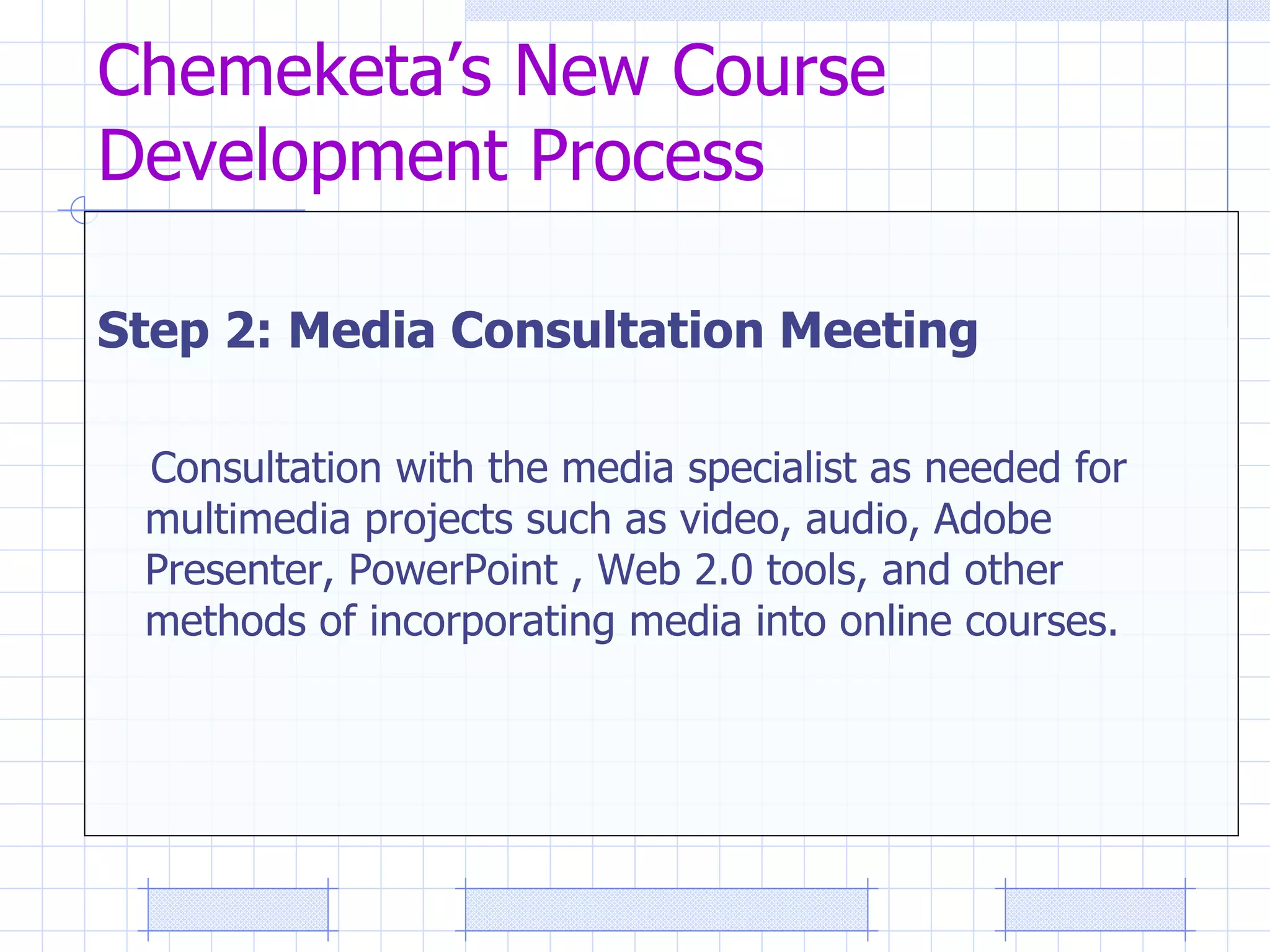 Chemeketa’s New Course Development Process Step 2: Media Consultation Meeting  Consultation with the media specialist as needed for multimedia projects such as video, audio, Adobe Presenter, PowerPoint , Web 2.0 tools, and other methods of incorporating media into online courses. 