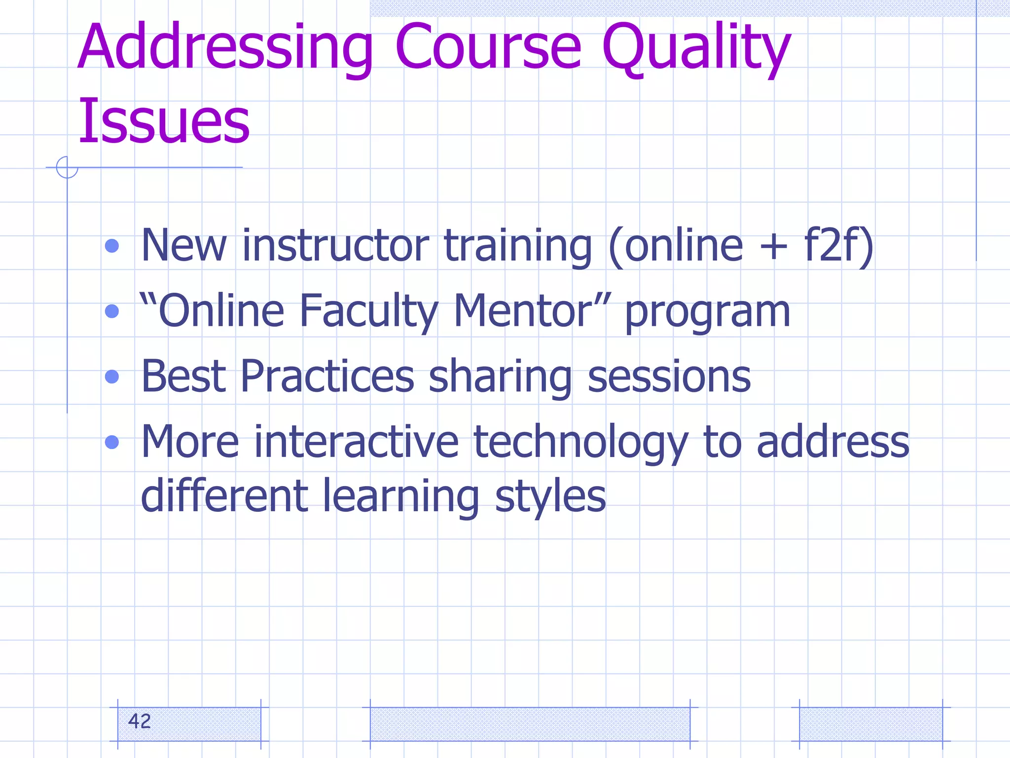 Addressing Course Quality Issues New instructor training (online + f2f) “ Online Faculty Mentor” program Best Practices sharing sessions More interactive technology to address different learning styles 