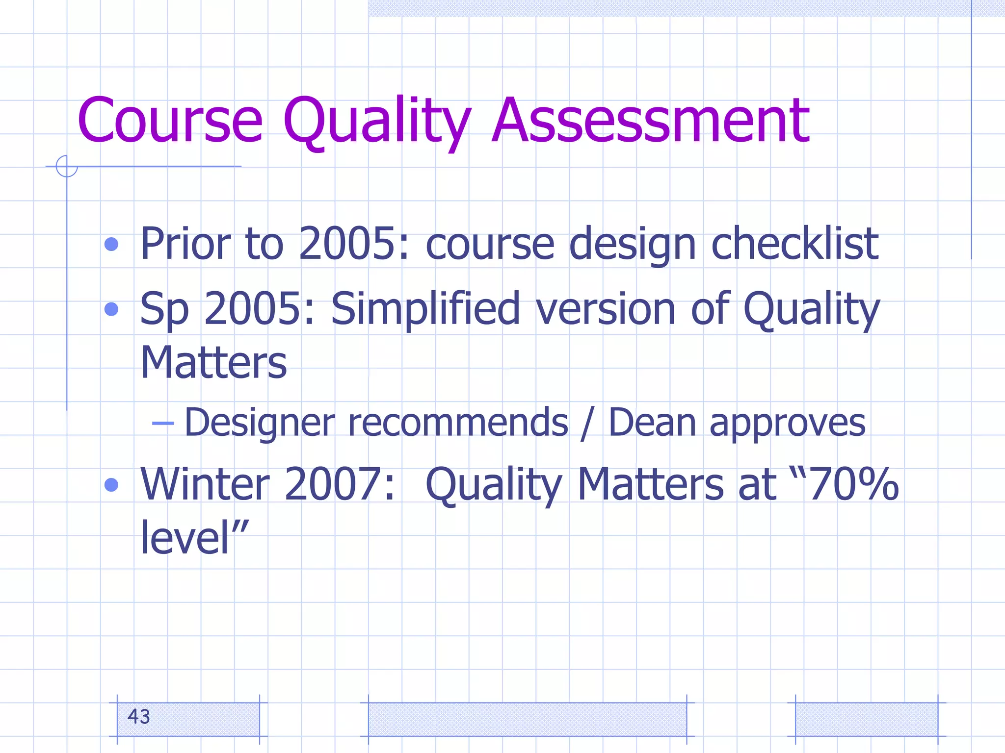 Course Quality Assessment Prior to 2005: course design checklist Sp 2005: Simplified version of Quality Matters Designer recommends / Dean approves Winter 2007:  Quality Matters at “70% level” 