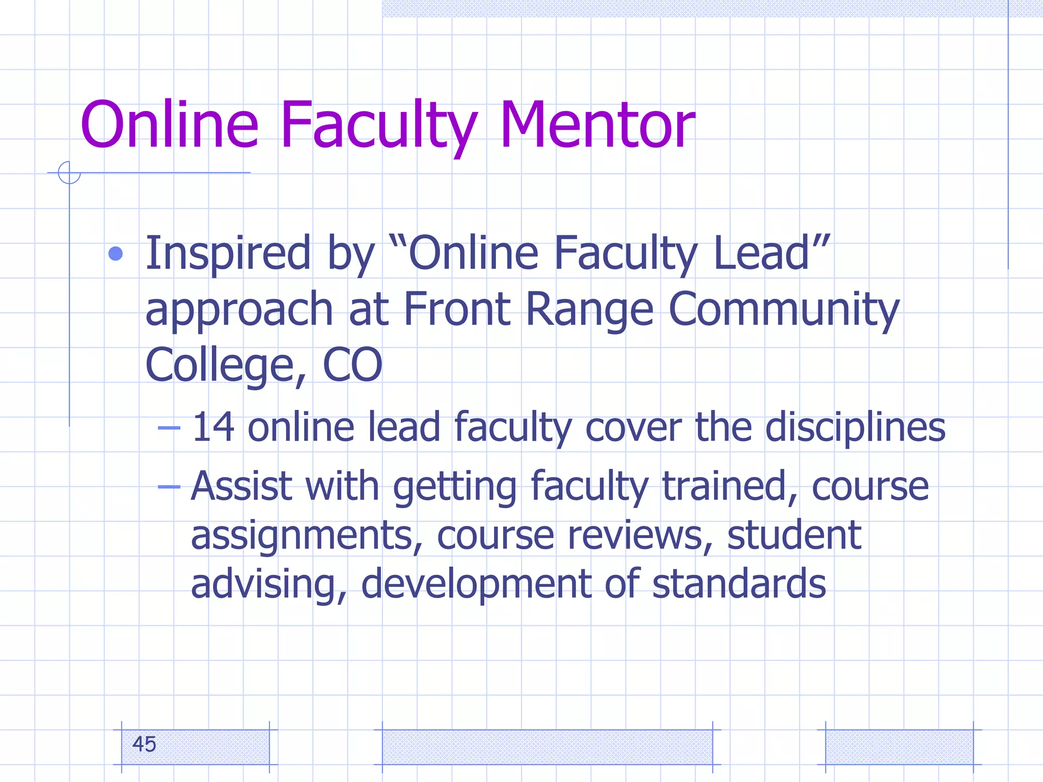 Online Faculty Mentor Inspired by “Online Faculty Lead” approach at Front Range Community College, CO 14 online lead faculty cover the disciplines Assist with getting faculty trained, course assignments, course reviews, student advising, development of standards 